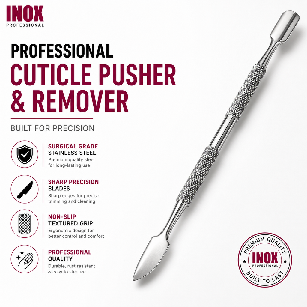 INOX Professional Cuticle Pusher & Remover – Surgical Stainless Steel Dual-Ended Cuticle Tool, Non-Slip Grip, Precision Nail Care Tool for Manicure & Pedicure