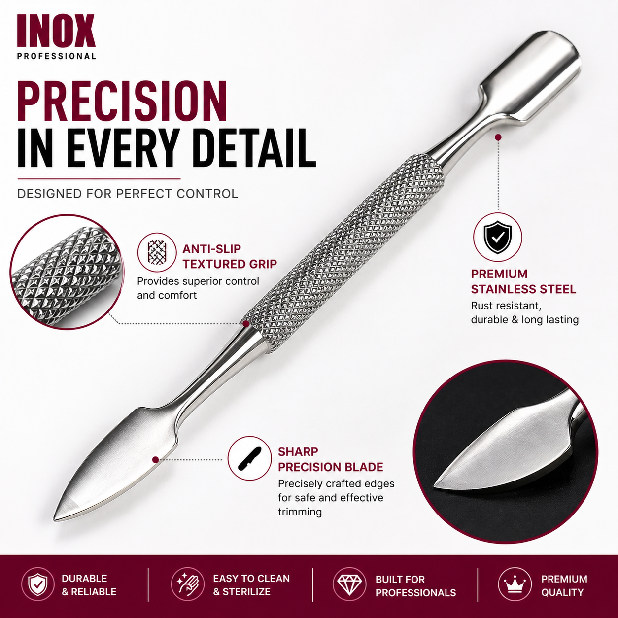 INOX Professional Cuticle Pusher & Remover – Surgical Stainless Steel Dual-Ended Cuticle Tool, Non-Slip Grip, Precision Nail Care Tool for Manicure & Pedicure