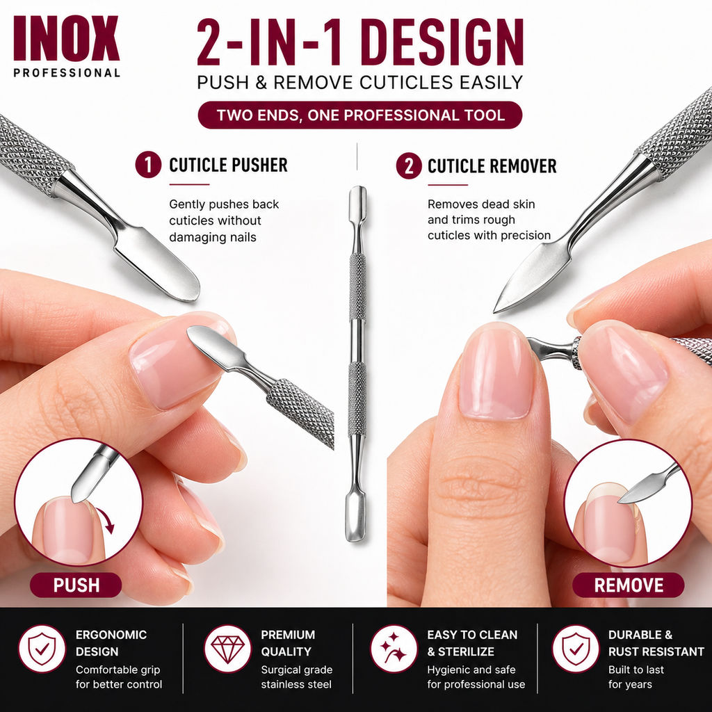 INOX Professional Cuticle Pusher & Remover – Surgical Stainless Steel Dual-Ended Cuticle Tool, Non-Slip Grip, Precision Nail Care Tool for Manicure & Pedicure