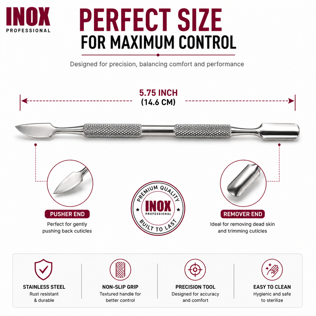 INOX Professional Cuticle Pusher & Remover – Surgical Stainless Steel Dual-Ended Cuticle Tool, Non-Slip Grip, Precision Nail Care Tool for Manicure & Pedicure