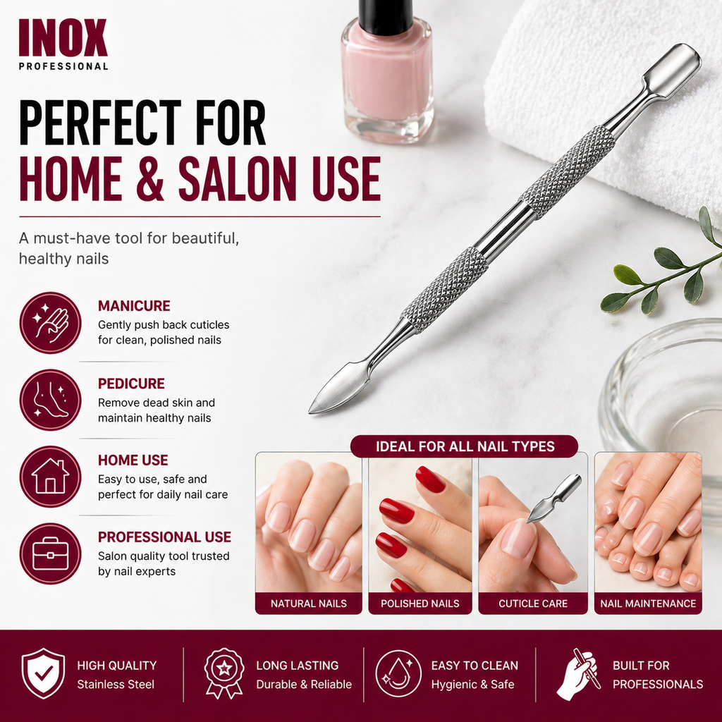 INOX Professional Cuticle Pusher & Remover – Surgical Stainless Steel Dual-Ended Cuticle Tool, Non-Slip Grip, Precision Nail Care Tool for Manicure & Pedicure