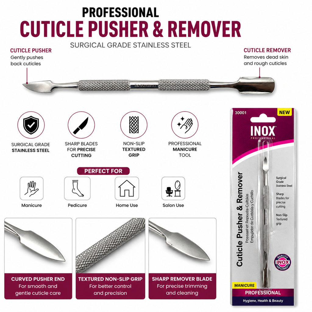 INOX Professional Cuticle Pusher & Remover – Surgical Stainless Steel Dual-Ended Cuticle Tool, Non-Slip Grip, Precision Nail Care Tool for Manicure & Pedicure