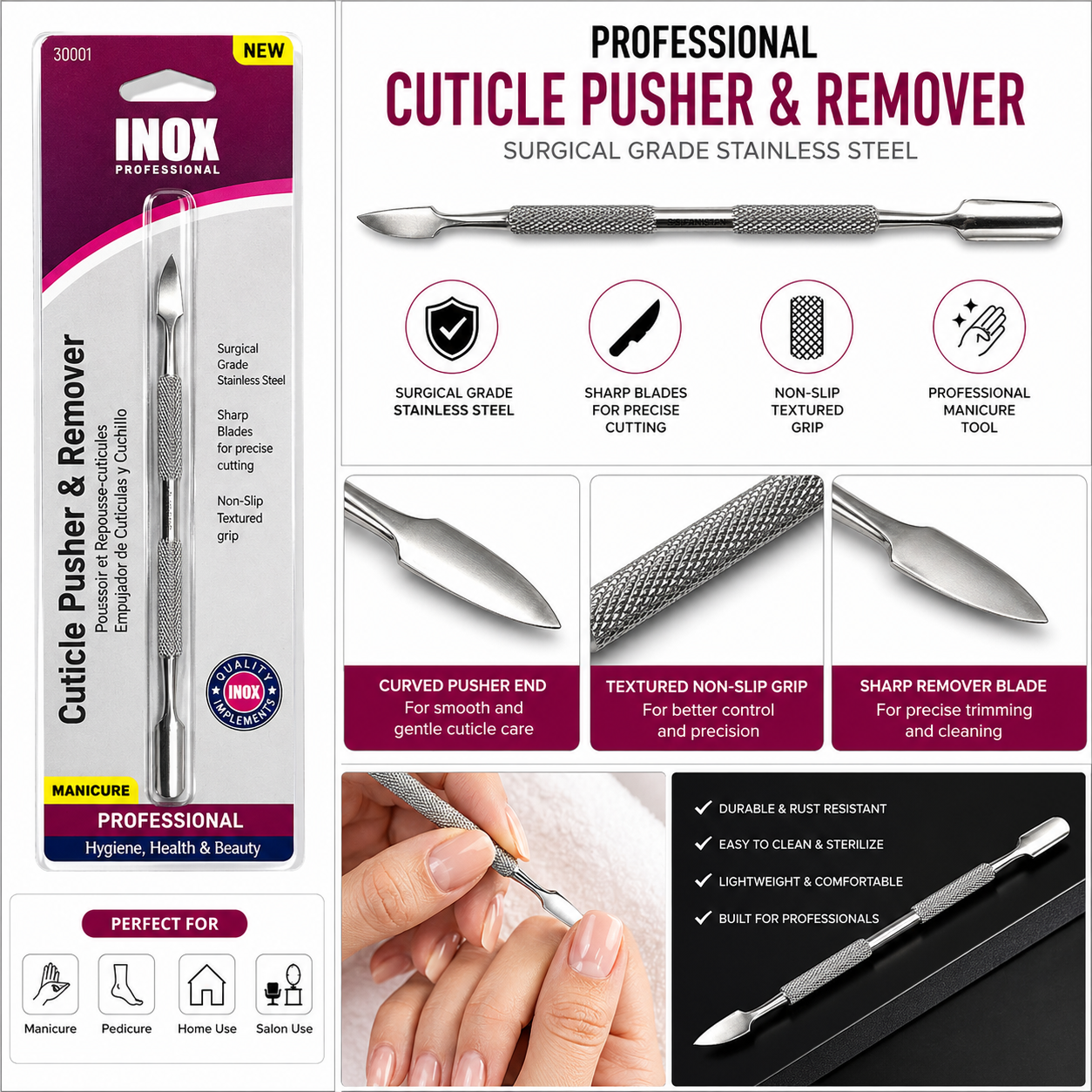 INOX Professional Cuticle Pusher & Remover – Surgical Stainless Steel Dual-Ended Cuticle Tool, Non-Slip Grip, Precision Nail Care Tool for Manicure & Pedicure