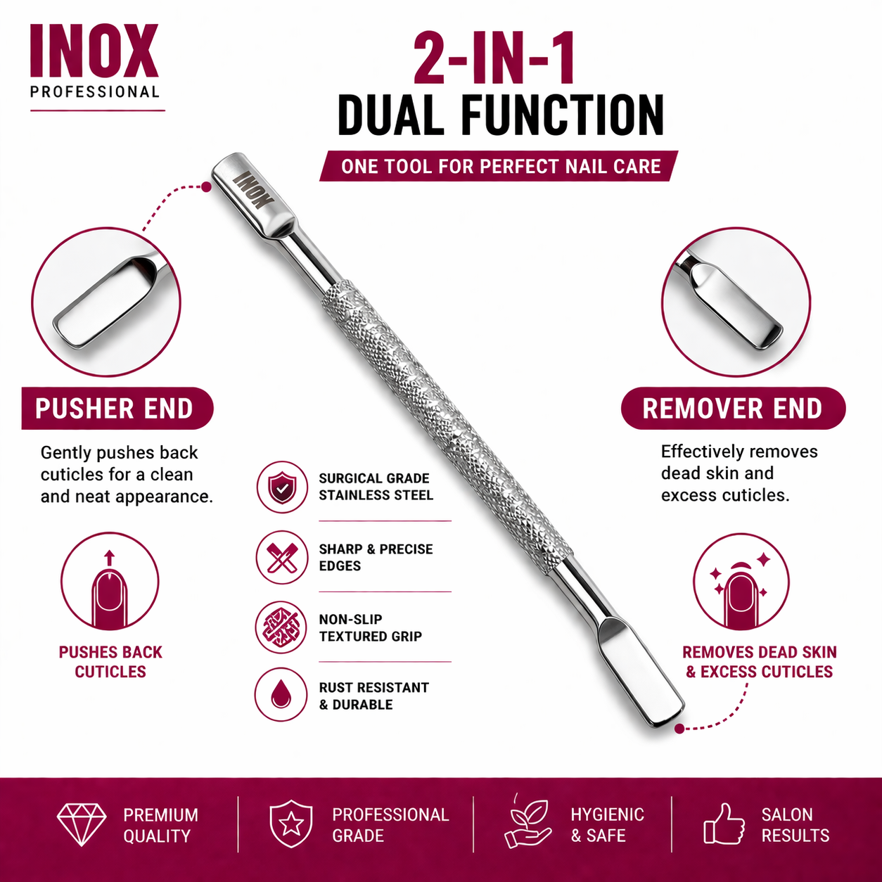 INOX Professional Cuticle Pusher – Stainless Steel Dual-End Nail Tool