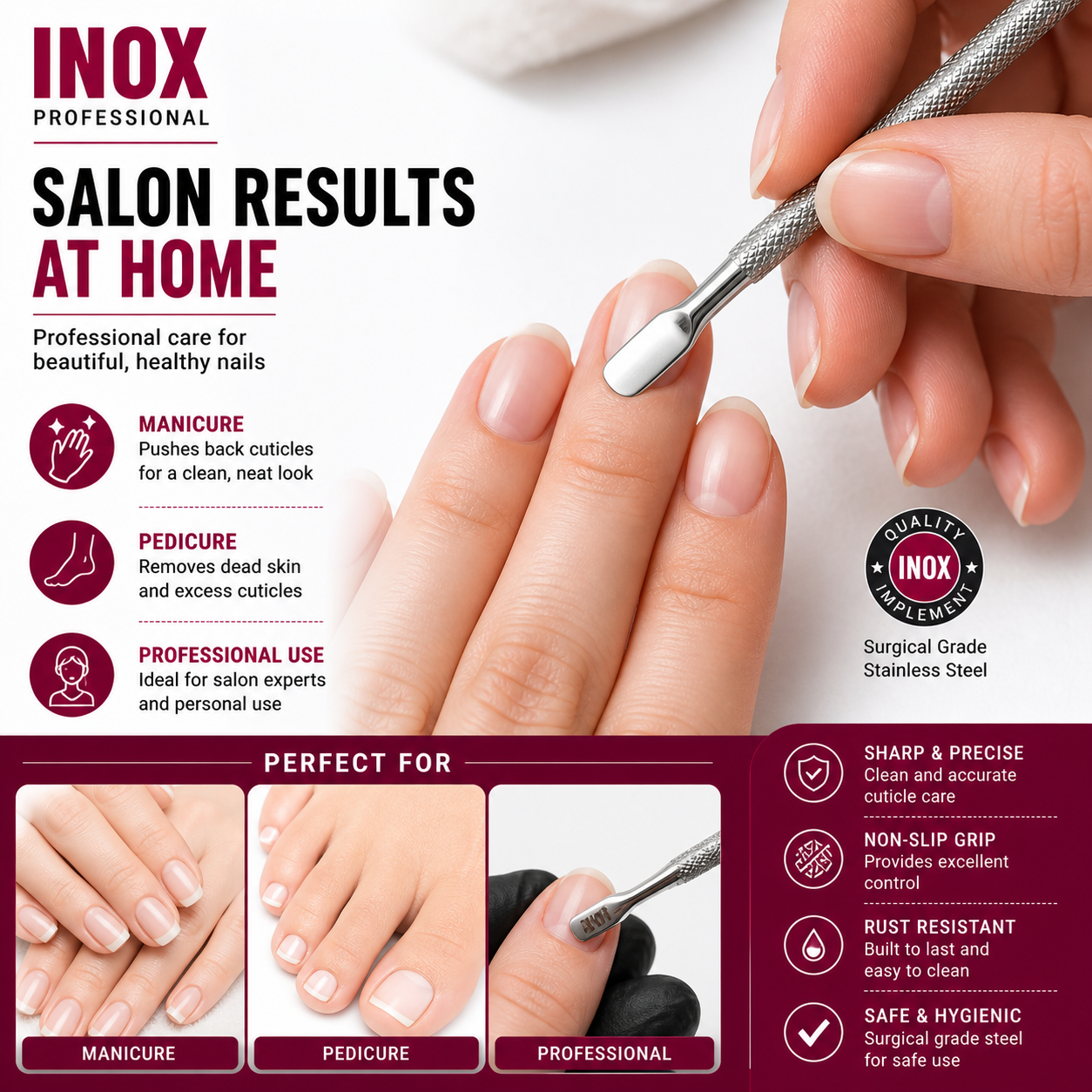 INOX Professional Cuticle Pusher – Stainless Steel Dual-End Nail Tool