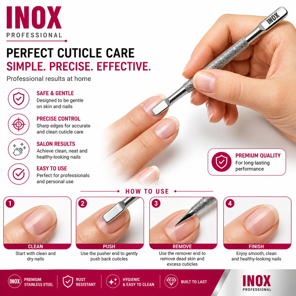 INOX Professional Cuticle Pusher – Stainless Steel Dual-End Nail Tool