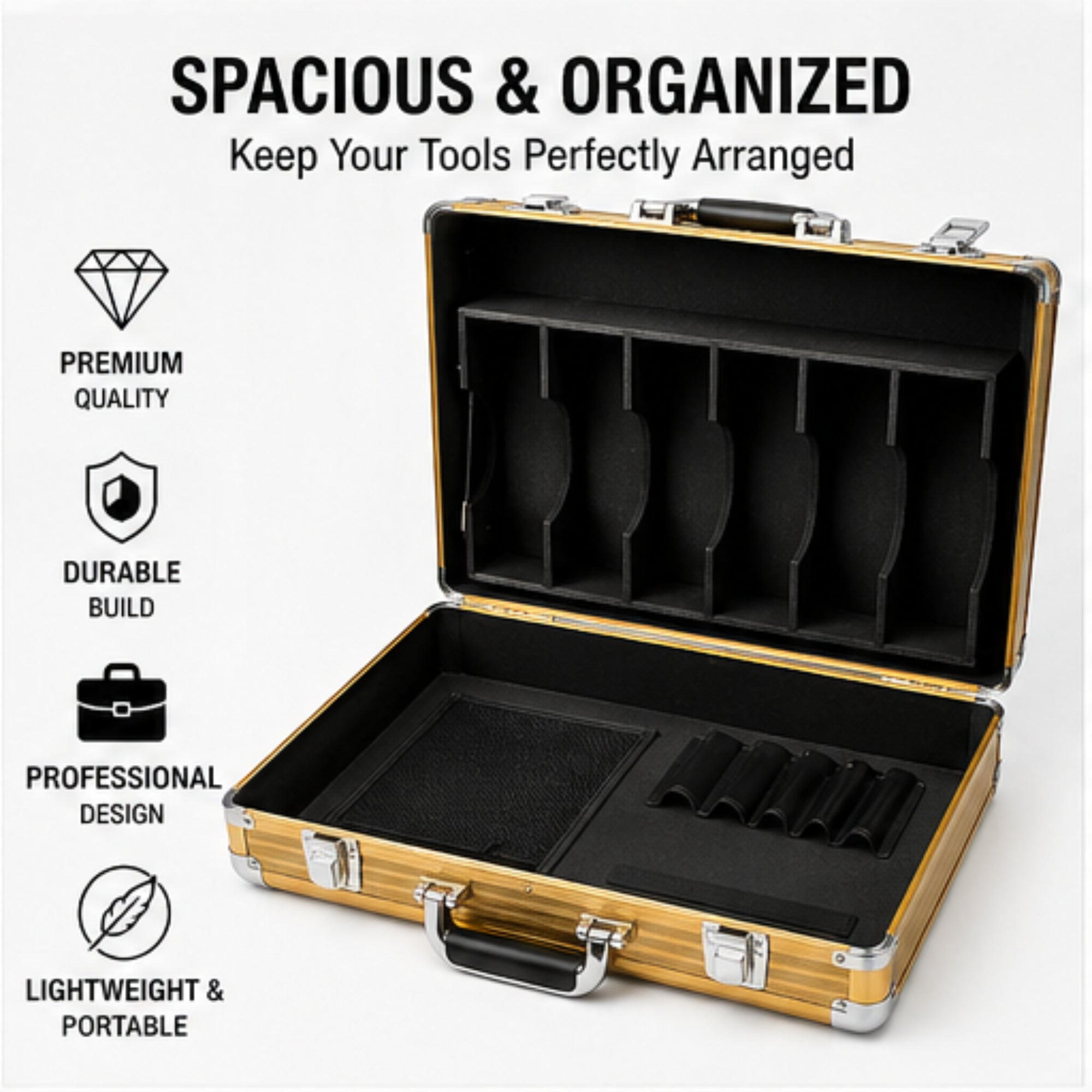 TOOLMAN Aluminum Barber Case – Professional Gold Tool Storage Case with Organized Compartments, Lightweight & Durable Travel Case for Barbers, Stylists & Grooming Tools (19" x 15" x 8.8")