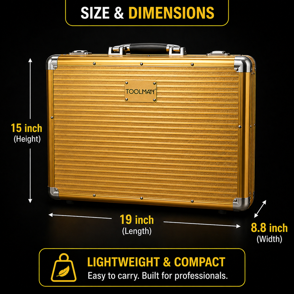 TOOLMAN Aluminum Barber Case – Professional Gold Tool Storage Case with Organized Compartments, Lightweight & Durable Travel Case for Barbers, Stylists & Grooming Tools (19" x 15" x 8.8")