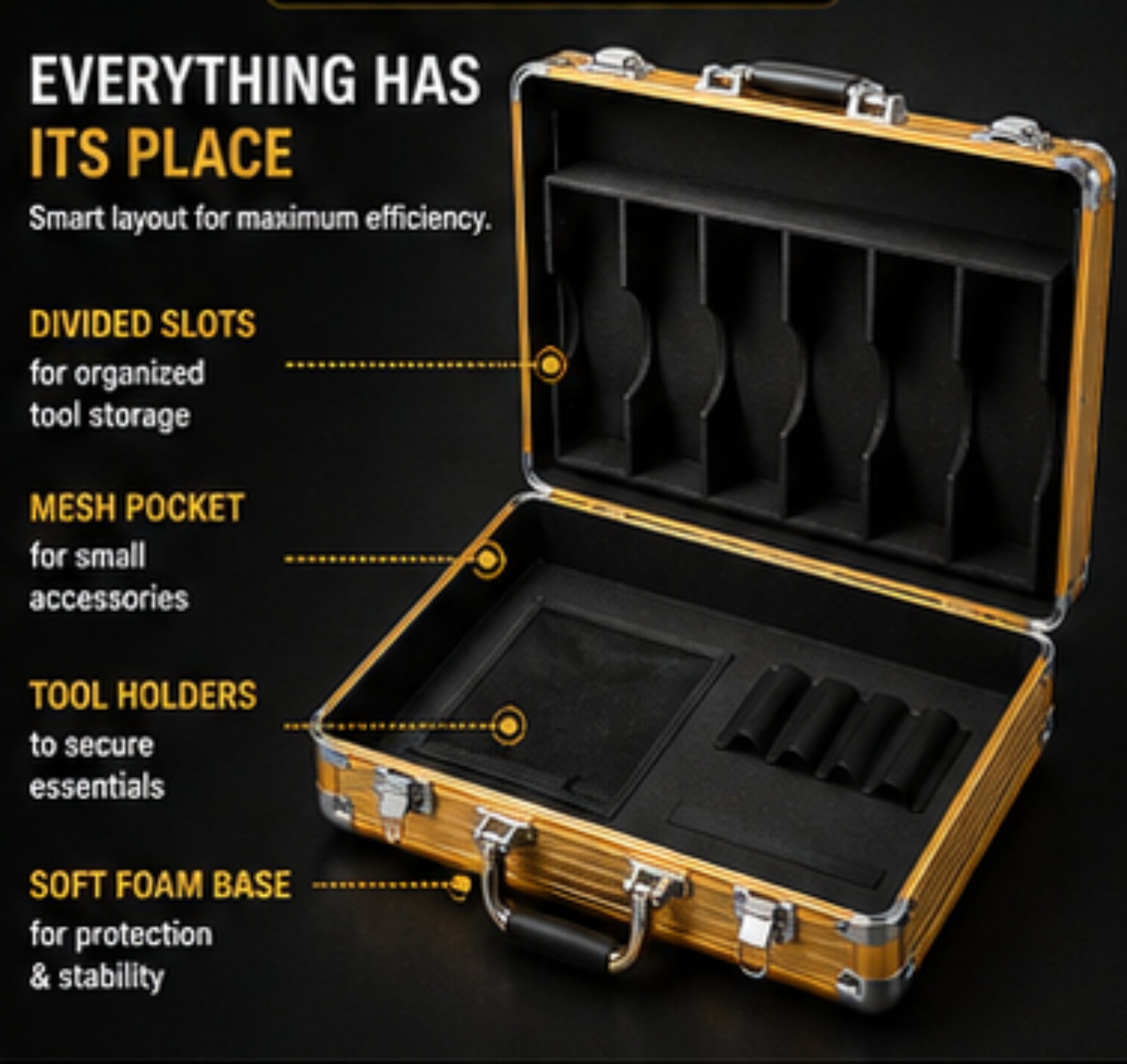 TOOLMAN Aluminum Barber Case – Professional Gold Tool Storage Case with Organized Compartments, Lightweight & Durable Travel Case for Barbers, Stylists & Grooming Tools (19" x 15" x 8.8")