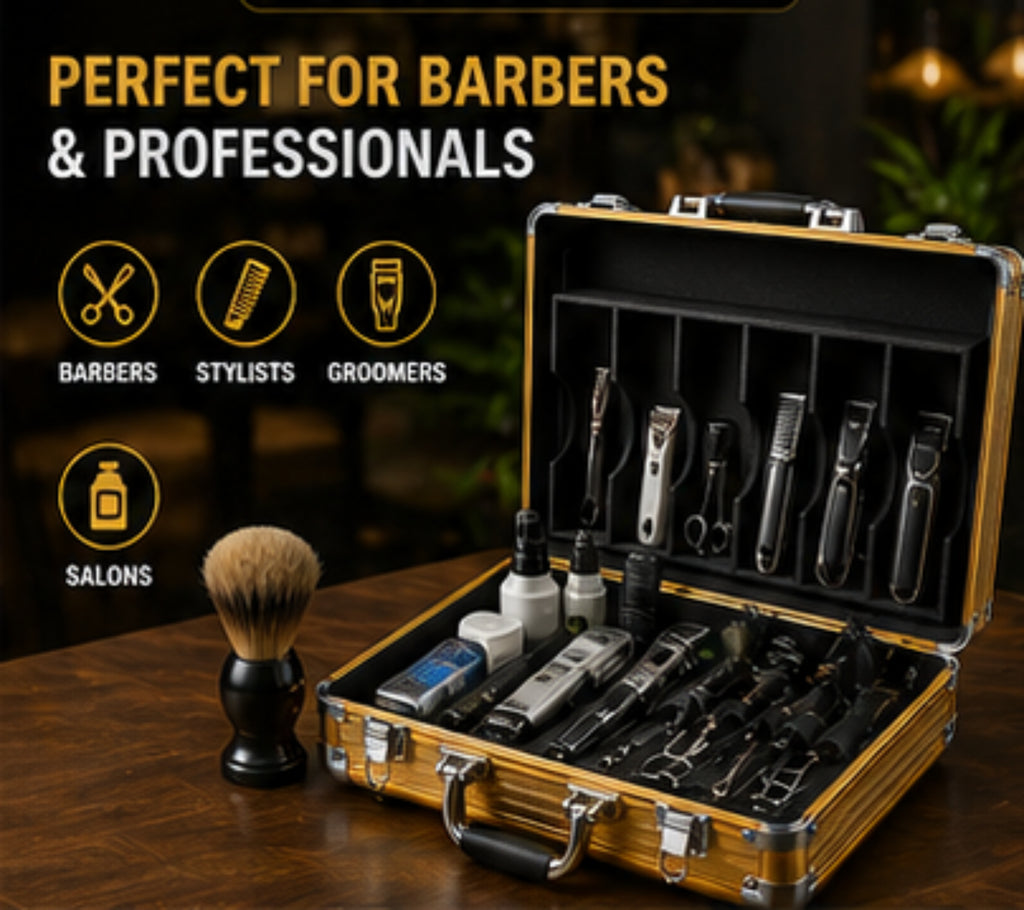 TOOLMAN Aluminum Barber Case – Professional Gold Tool Storage Case with Organized Compartments, Lightweight & Durable Travel Case for Barbers, Stylists & Grooming Tools (19" x 15" x 8.8")
