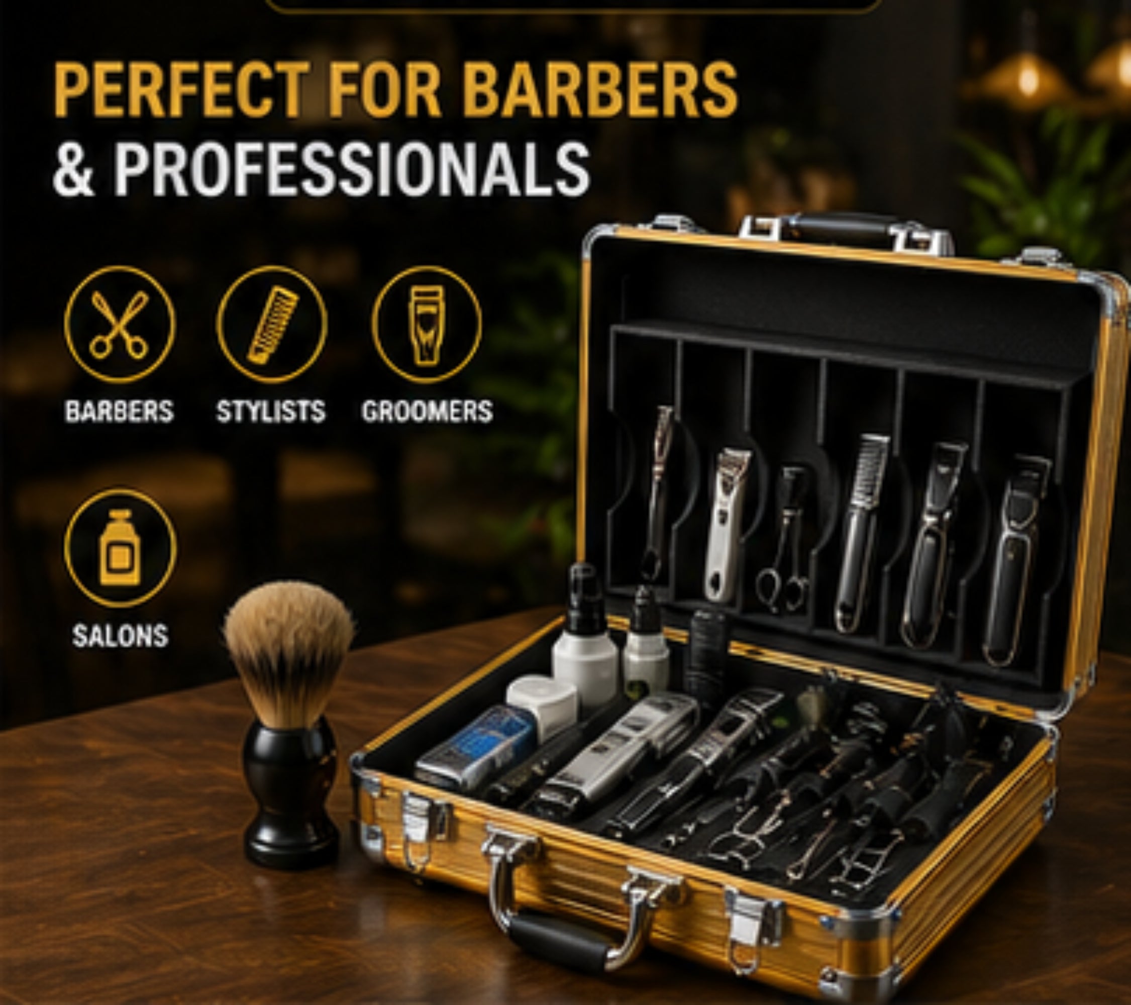 TOOLMAN Aluminum Barber Case – Professional Gold Tool Storage Case with Organized Compartments, Lightweight & Durable Travel Case for Barbers, Stylists & Grooming Tools (19" x 15" x 8.8")